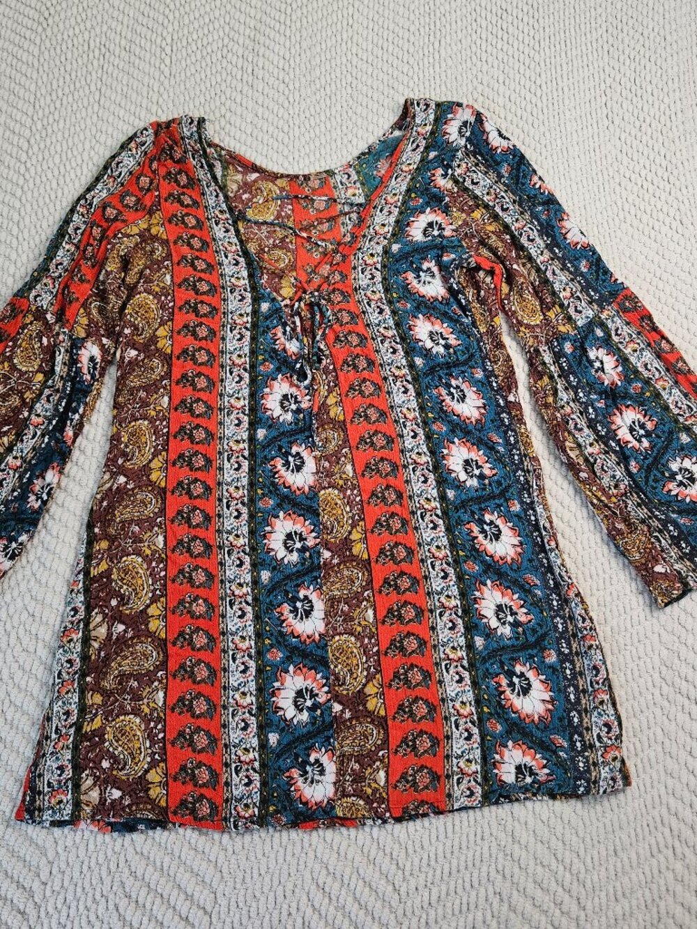 Billabong Women's Boho Lace-Up Bell Sleeve Mini Dress Rayon Size L